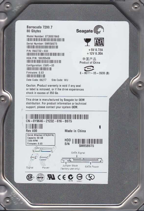 ST380819AS - Seagate 80GB 7.2KRPM SATA 3GB/s Hard Drive